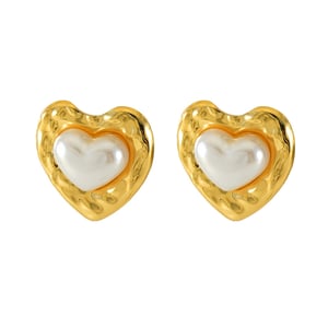 1 Pair Simple Series Casual Heart Stainless Steel  Gold Color Imitation Pearl Women's Stud Earrings h5 